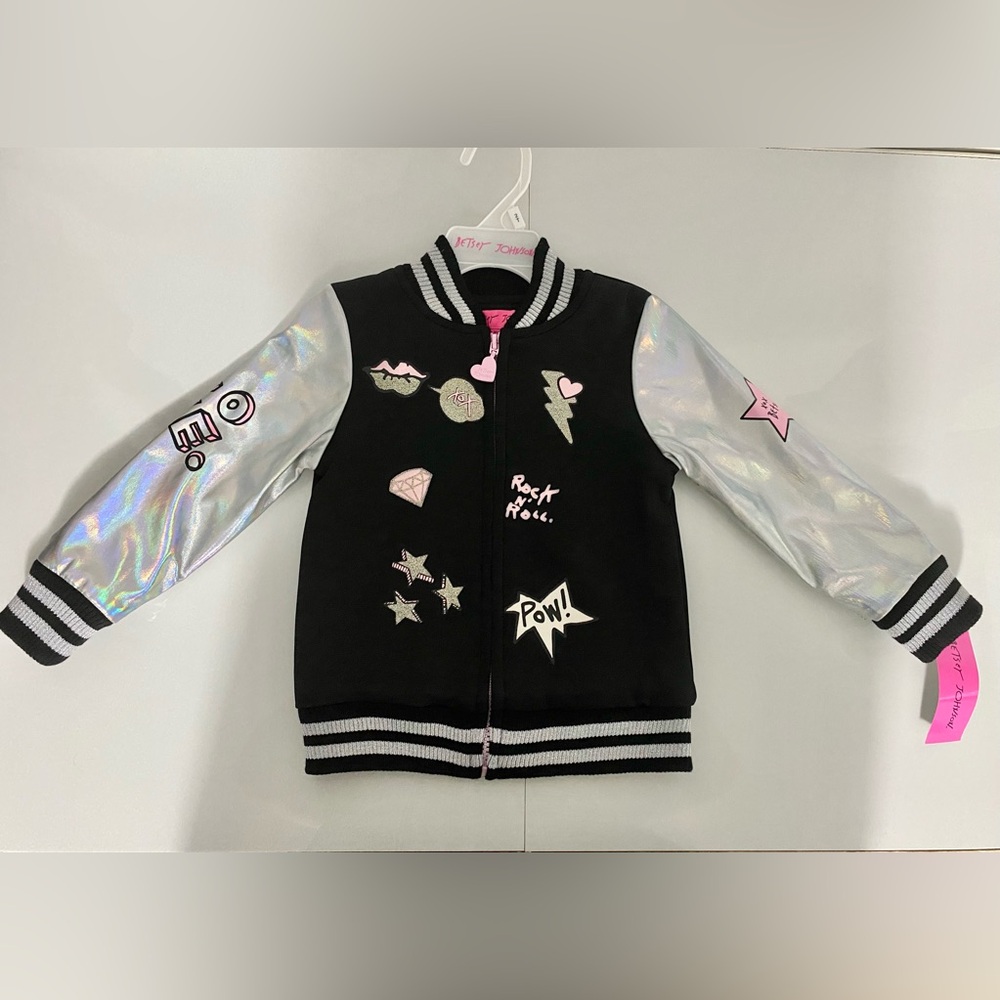 BETSEY JOHNSON Girls Silver & Black Bomber Jacket - Size 2T  4T.  NWT
